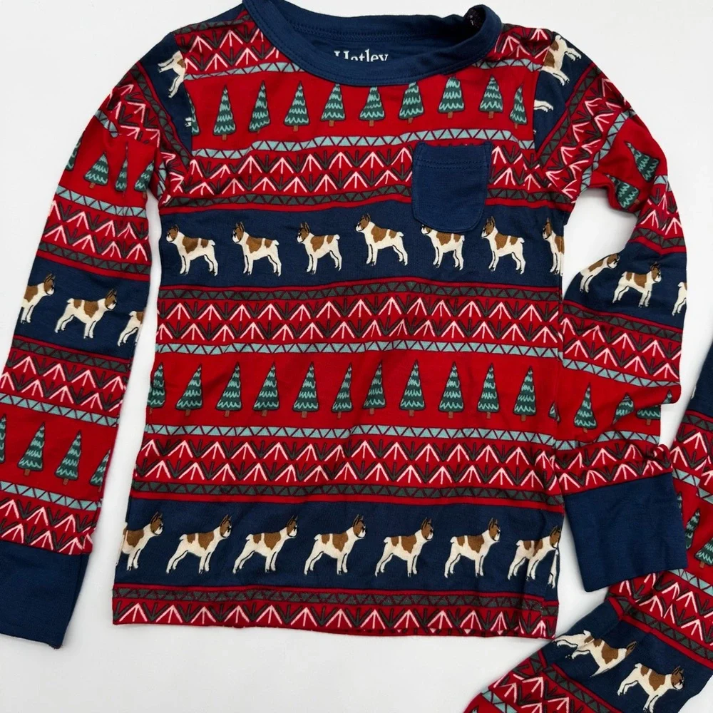 Hatley Bamboo Red/Navy Festive Frenchie Bulldog Dog Kids‎ Pajama Set, 3